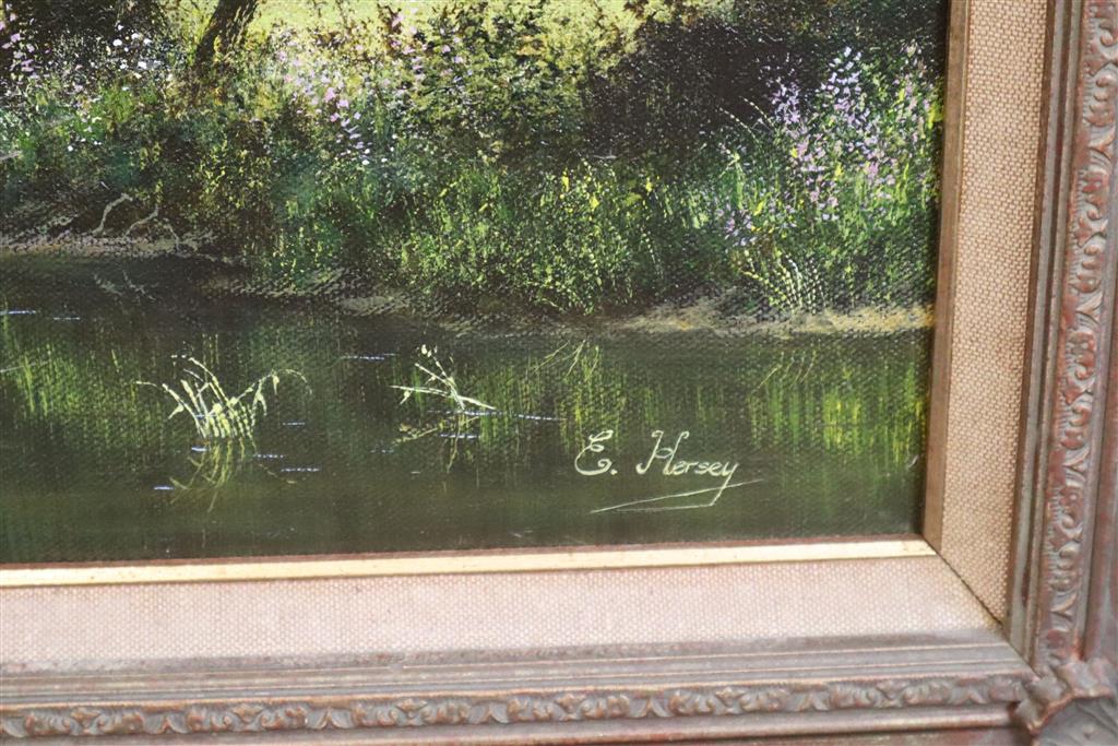 Edward Hersey (1948-) River landscape with cattle in meadows 17.75 x 23.5in.